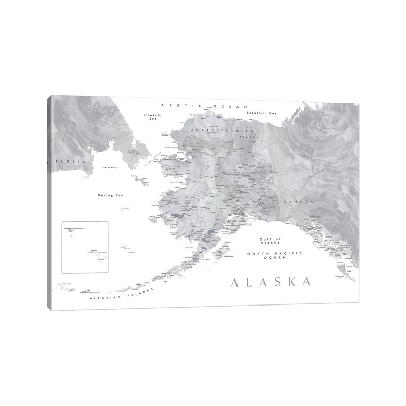 Gray Watercolor Detailed Map Of Alaska by Blursbyai - Wrapped Canvas Gallery-Wrapped Canvas Giclée, 101.6 cm H x 152.4 cm W