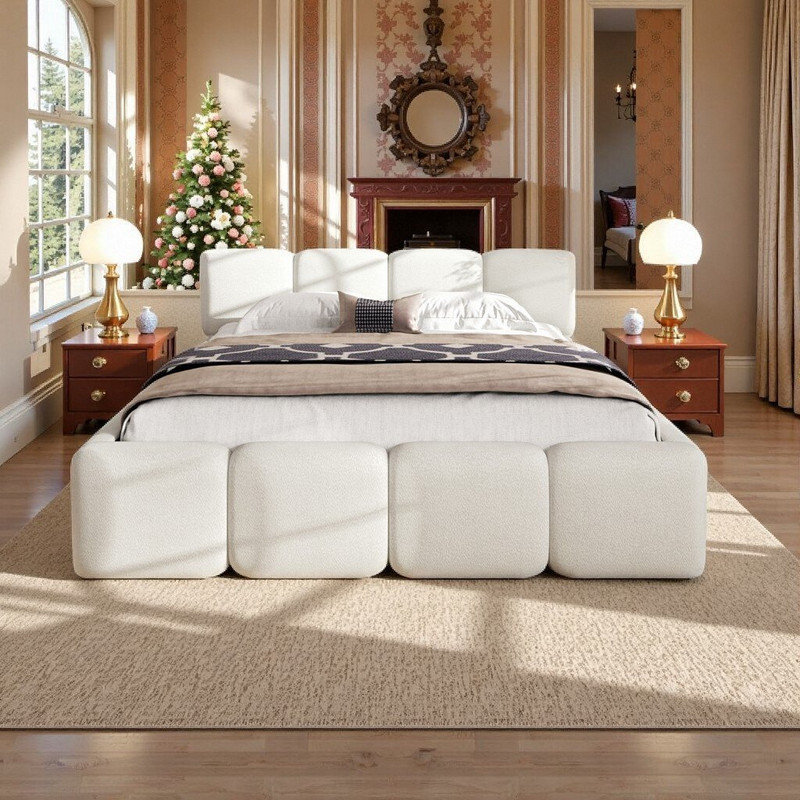 Lit plateforme tapissier grand Dormal avec tête de lit et pied de lit Boucle, Grand lit, Blanc