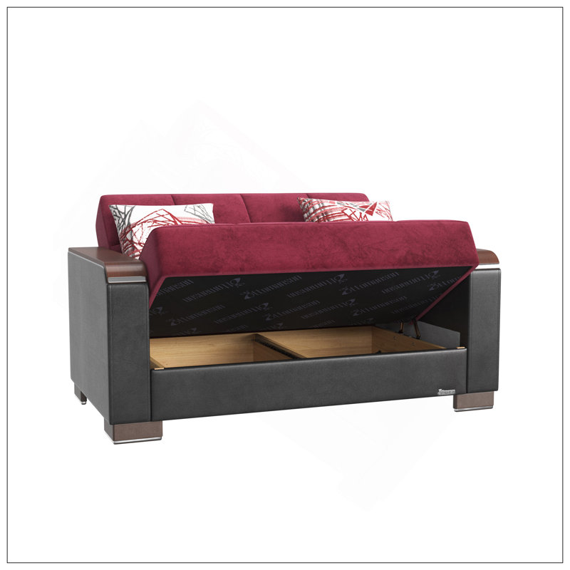 Causeuse rembourrée avec garniture en bois et rangement, Tissu bourgogne