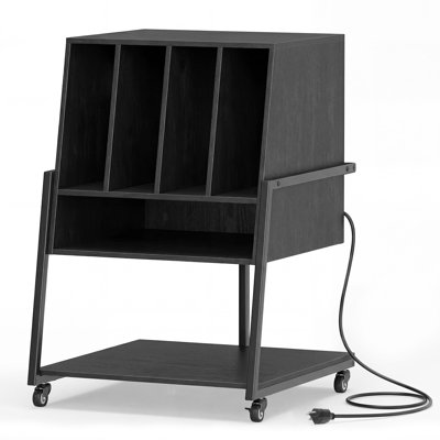 Record Player Stand on Wheels with Power Outlets, Divided Compartment, Open Shelves Black