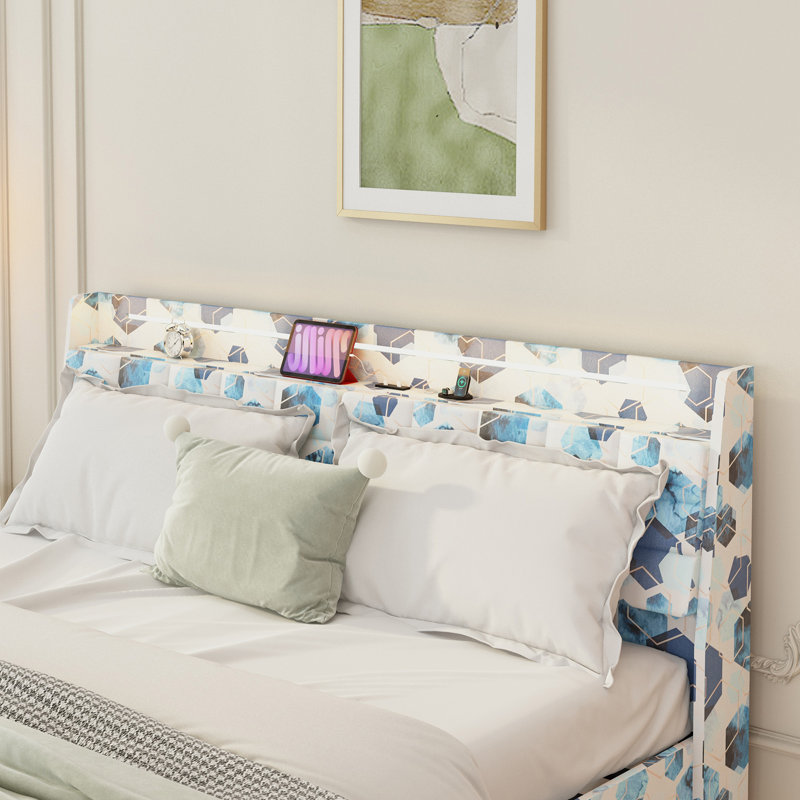 Floating Bed Frame With LED Light And Charging Station Upholstered Platform Bed Frame With Headboard And Hidden Storage Space, No Box Spring Needed