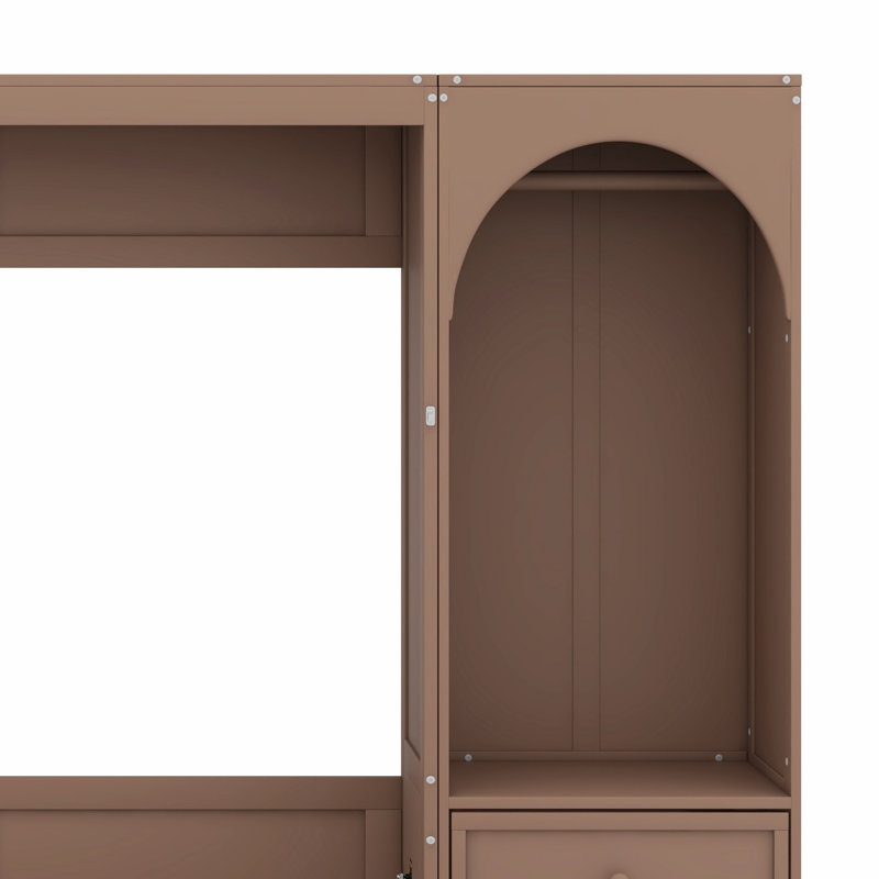 Lit escamotable fonctionnel avec 3 tiroirs, tablette, lumière DEL et tringle pour garde-robe, Brun