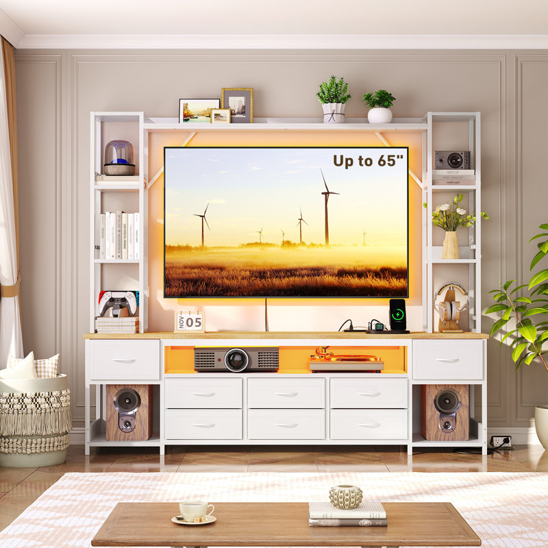 Otylie 85" TV Stand with Storage Shelves and Power Outlets to 65 Inches, White/Natural