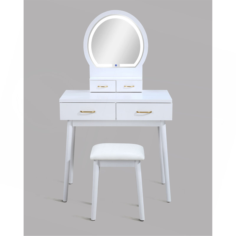 3Pc Vanity Table And Stool Set Built-In Led-Lit Mirror Matching Cushioned Stool Gold-Accented Handles Wooden Home Furniture