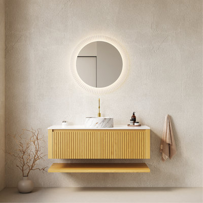 Meuble-lavabo de 48 po avec lavabo, armoire de rangement murale en contreplaqué avec tiroirs et tablette ouverte, comptoir en pierre frittée et lavabo en céramique, pré-assemblé, couleur grain de bois de chêne Corolla