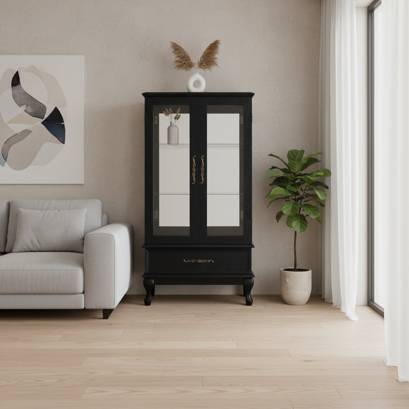 Vitrine lumineuse noire avec tablettes réglables en verre et tiroir, Noir