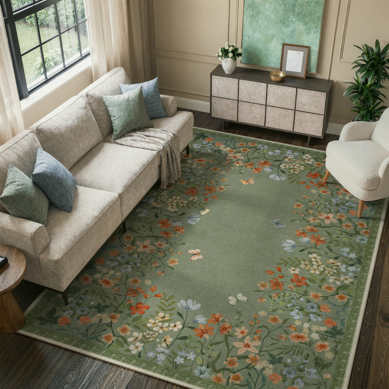 Tapis lavable floral vert / gris 6 x 9 avec envers antidérapant - tapis durable à poils courts pour le salon, la chambre à coucher, la salle à manger ou le bureau