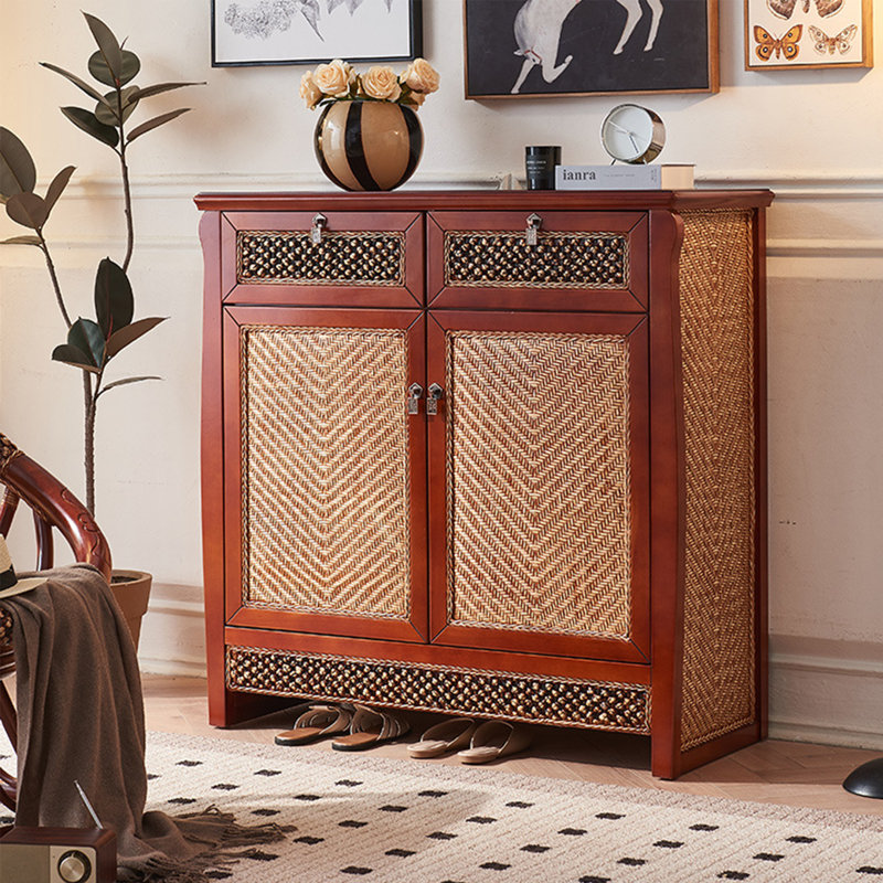 Classical Rattan Woven Solid Wood Shoe Cabinet 12 Pair Solid Wood Shoe Storage Cabinet