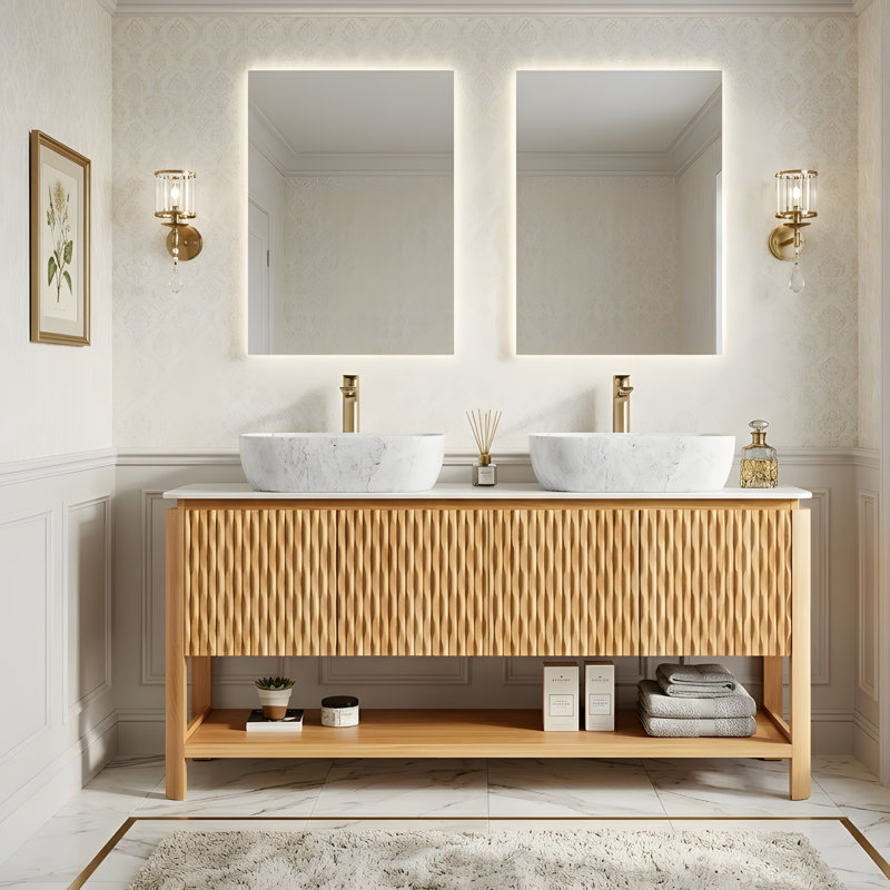 Meuble-lavabo 60 po, lavabo autoportant en contreplaqué avec 4 portes en bambou texturé et tablette ouverte, 2 lavabos en céramique à motif marbré et plateau en pierre frittée blanc de Carrare, couleur grain de bois