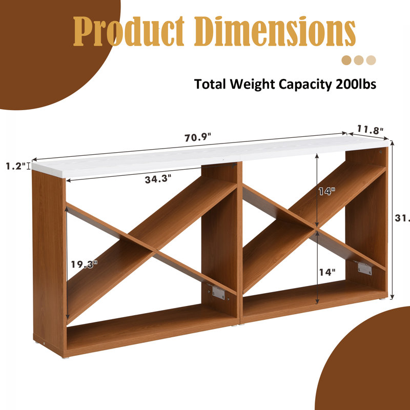 70.8''L Detachable X Shape Console Table Extra Long Table With Storage For Home, White, Brown
