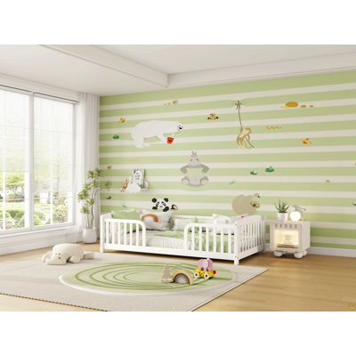 Twin Size Floor Fence Bed with Central Entrance,Pine Wood Floor bed with Guardrails,White