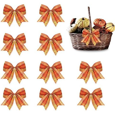 10 PCS Fall Bows for Wreath, Orange Plaid Harvest Bows Thanksgiving Wreath Bow for Front Door Indoor Outdoor Wall Tree Topper Autumn Decoration Supplies Ornament