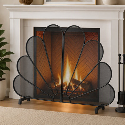 Fan‑Shaped Freestanding Fireplace Screen, 50" W × 35" H Heavy‑Duty Iron Mesh Single Panel Fire Spark Barrier for Home Fireplace