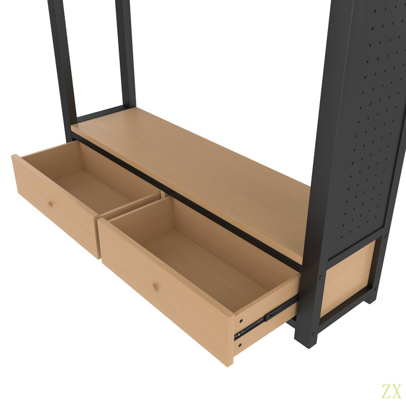 Structure de lit mezzanine avec garde-robe, lit mezzanine en métal avec tablettes de rangement et panneau perforé, Lit double