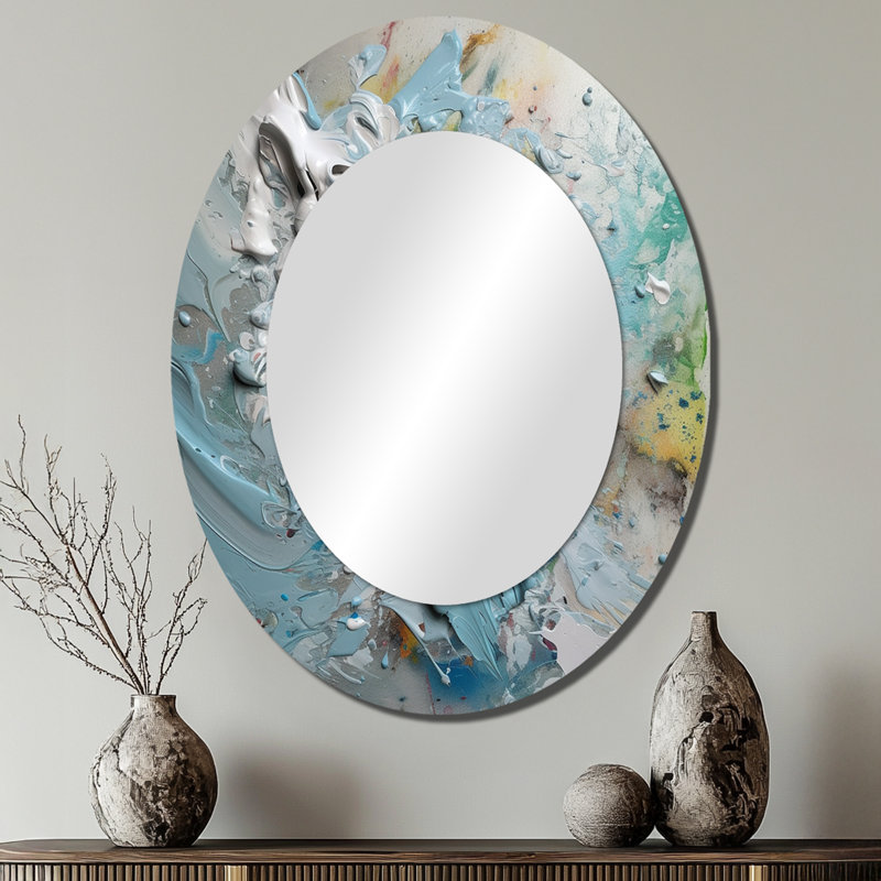 Summer Memories Abstract In White And Blue III - Blue Modern Oval Wall Mirror, 40" x 30"