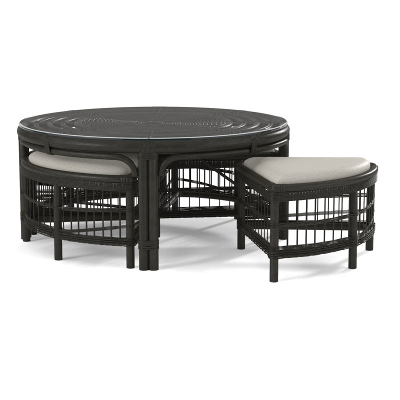Raffles Rattan Cocktail Table with Benches, Celery, White Performance Fabric; 0851-94
