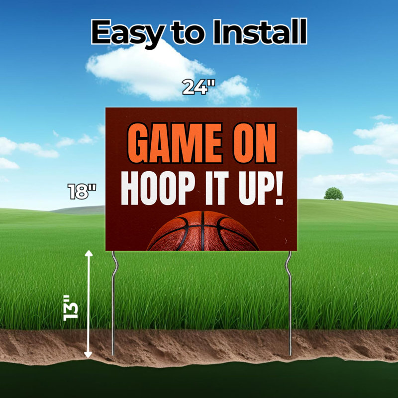 Game On - Hoop It Up! Yard Sign by DC | 24"x18" Double Sided Basketball Garden Sign with 13” Metal Stakes | Outdoor Signs Waterproof for Lawn, Patio, Sidewalk & House | Set of 1 | Made in USA