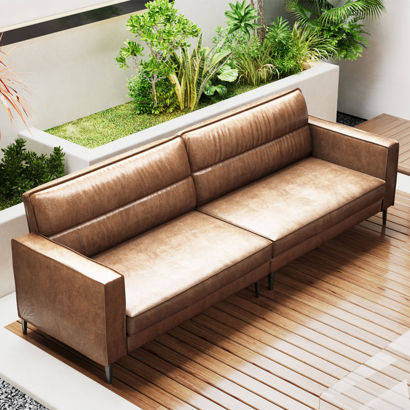 Tikira 86.61 in Large Double Seat Glossy Oil Wax Leather Sofa, Suitable For Living Room, Office, Brown