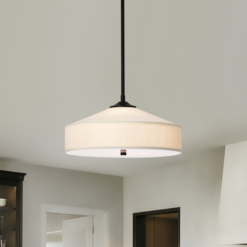 Luminaire suspendu tambour 3 lumières Madison - noir mat avec abat-jour en tissu blanc