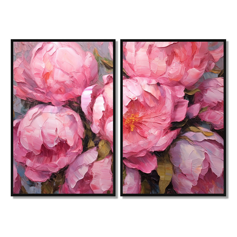 Pivoine rose Perfection I - grande décoration murale florale 2 panneaux, H 36 po x l 48 po, Noir