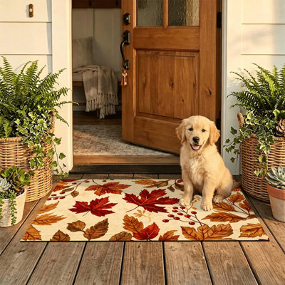 Non-Slip Indoor Outdoor Door Mat, 20"x32",Beige Leaf Berries