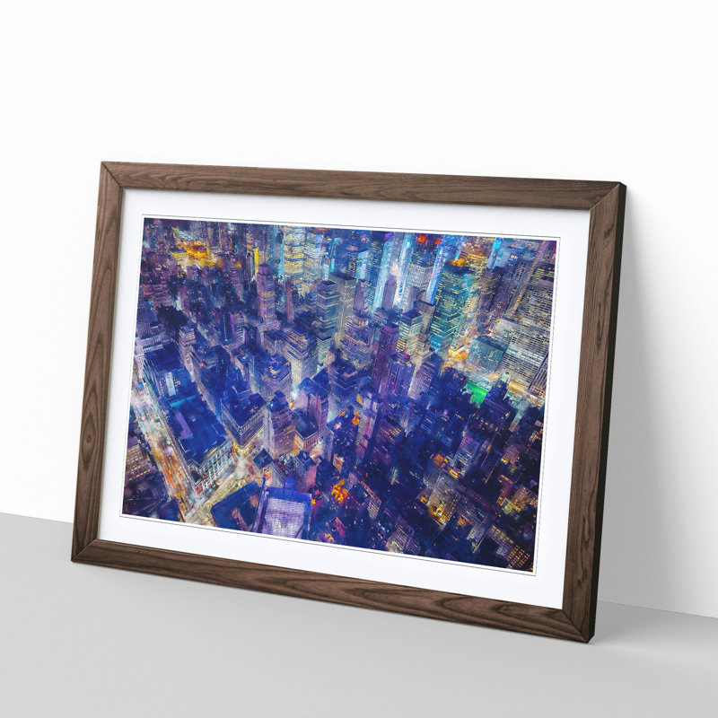 Bright Lights Of New York City Painting - Single Picture Frame Print on MDF, Walnut, 24cm H x 33cm W x 2cm D