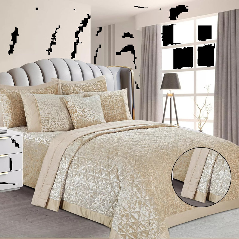 Velvet Bedspread with Pillow Shams Included, Double Bedspread+ 2 Standard Shams, Beige