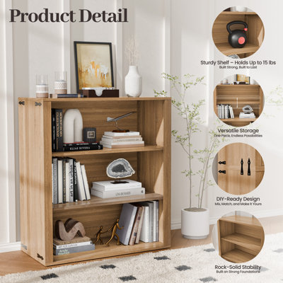 DIY Farmhouse 3-Tier Bookshelf & Open Storage Organizer, Modern Display Rack For Living Room, Office, Bedroom