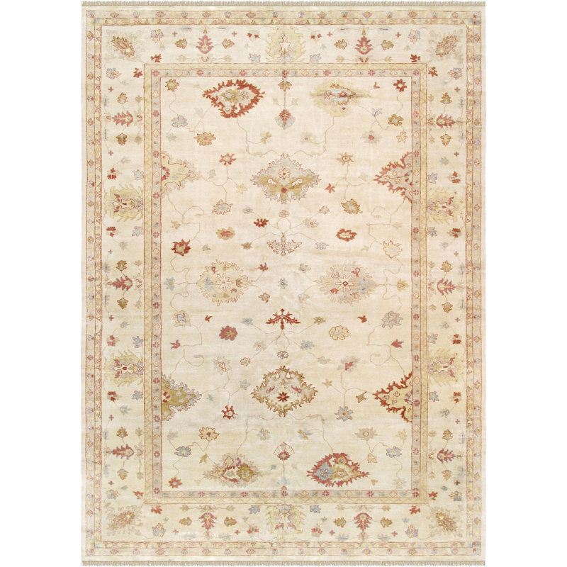 Elegant Ivory Floral Hand-Knotted Wool Rug - 12' 1" x 17' 2"