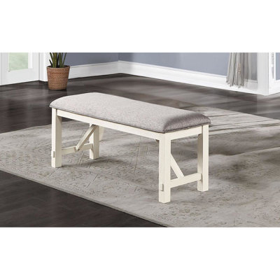 Banc de salle à manger rembourré gris, finition blanche, design inspiré antique + siège, contemporain