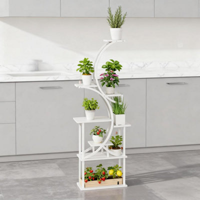 Support à plante blanche en forme de S, tablette à 8 niveaux, support à plante d'angle pour plantes multiples