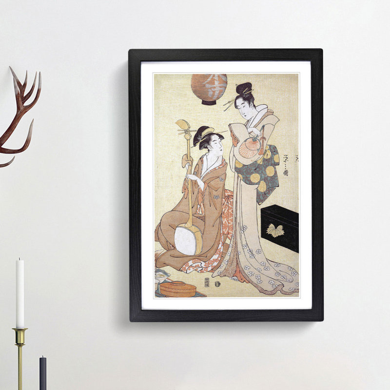 Two Geisha by Chobunsai Eishi - Picture Frame Painting Print, Black Framed, 48cm H x 36cm W x 2cm D