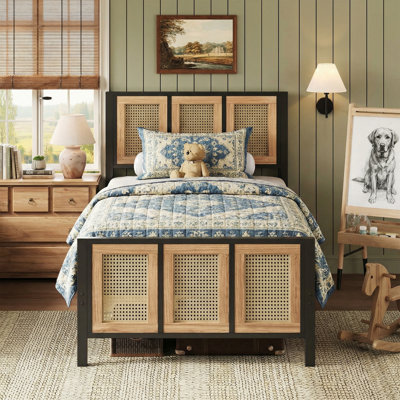 Vena Boho Style Twin Bed Frame with Rattan Headboard and Footboard, No Box Spring Needed, Iron Platform Bed With Stable Metal Frame