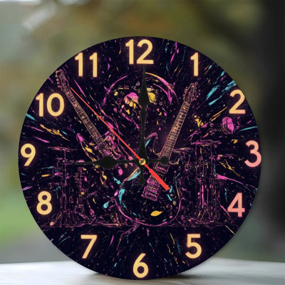 Neon Style Guitars Drums Skull Clock Design
