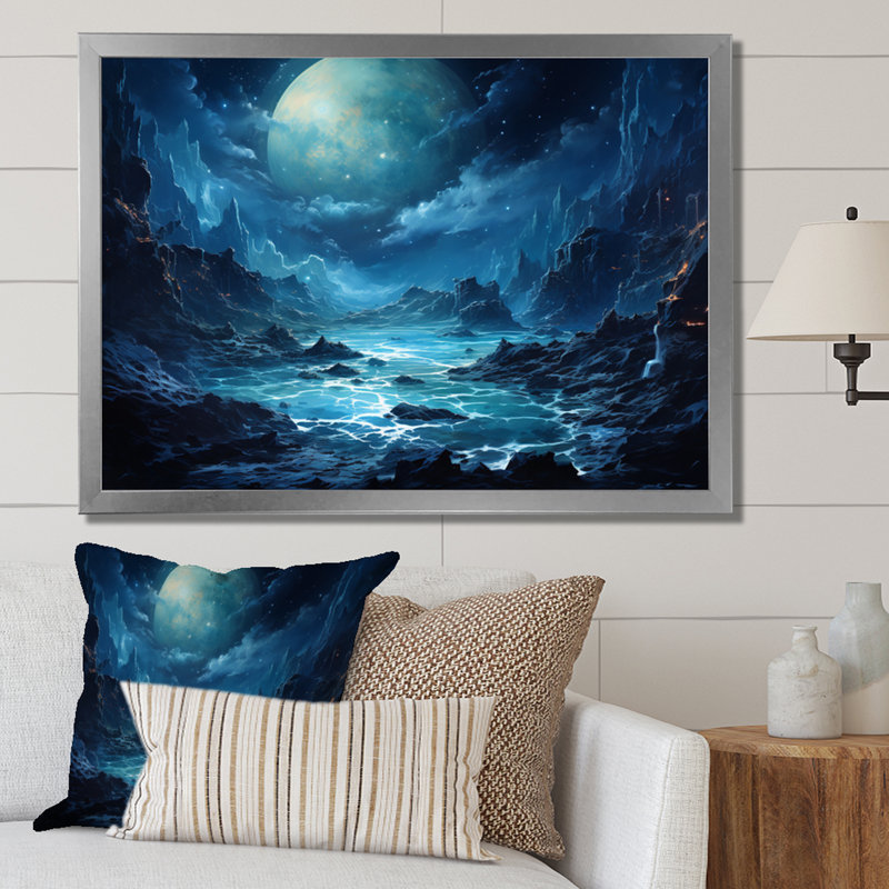 " Planet Neptune Deep Blue I ", 12" H x 20" W x 1" D, Silver Picture Framed