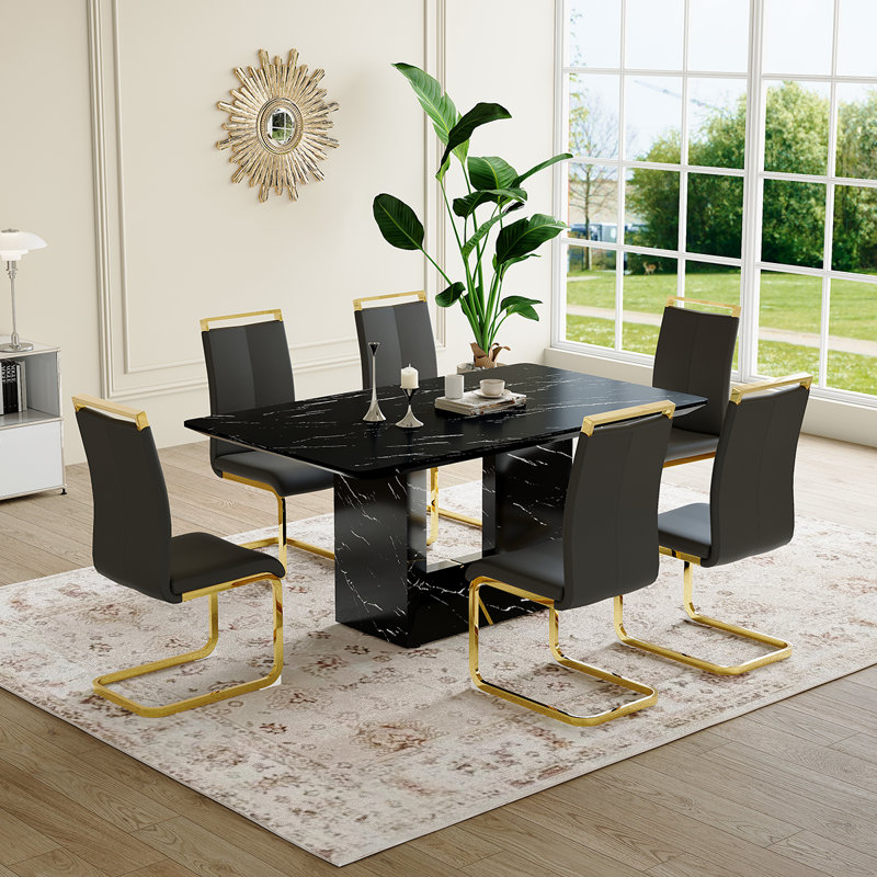 Ensemble de cuisine et salle à manger Modern, table de salle à manger en marbre avec chaises rembourrées, Noir et or, Noir