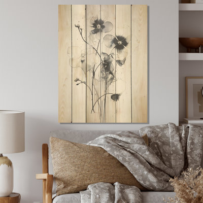 Violettes ornées noires et blanches - Violettes, panneau mural sur bois de pin naturel