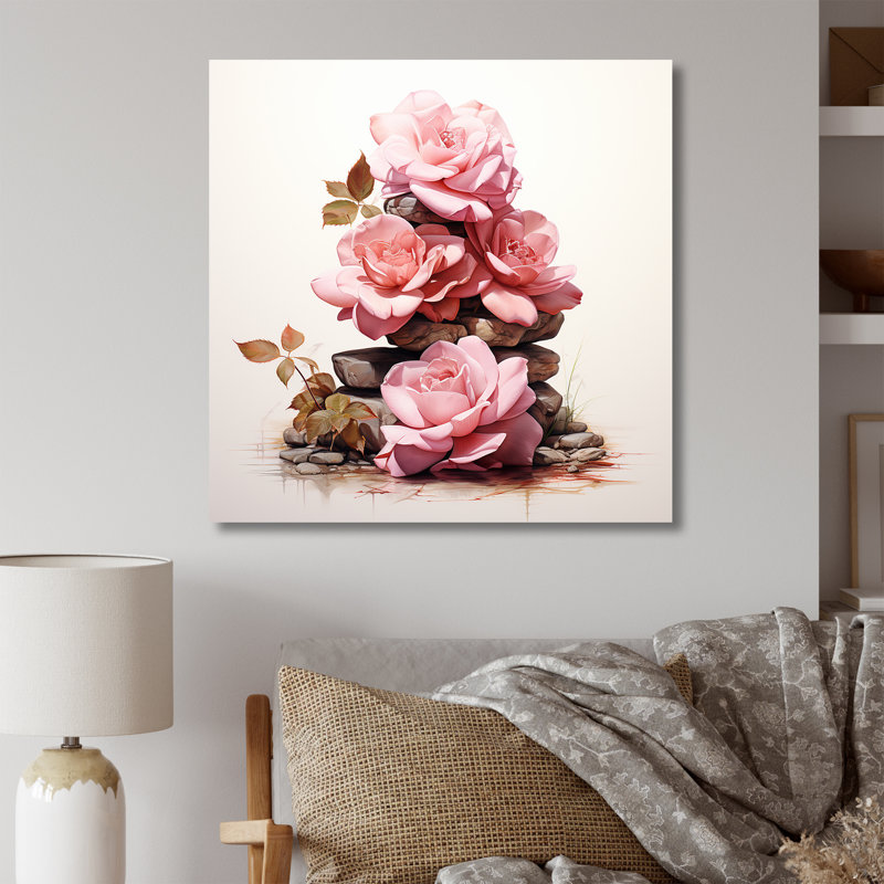 Rose rose empilée sur des pierres spirituelles II - Art mural rose, Toile tendue, 30" H x 30" W