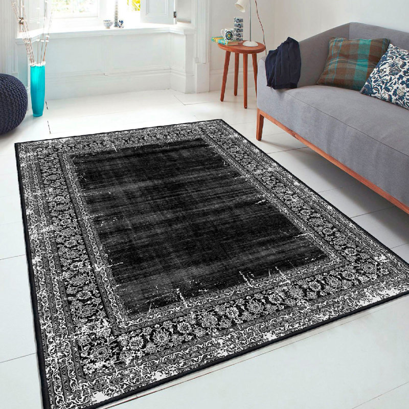 Tapis en coton de haute qualité Wray, 31,5 po x 59,1 po | 100% coton, 1 200 g / m² | Sous-face en PVC antidérapant d'une hauteur de 0,4 po | Antibactérien, lavable à la machine, blanc, gris et noir | Parfait pour le salon et la chambre à coucher