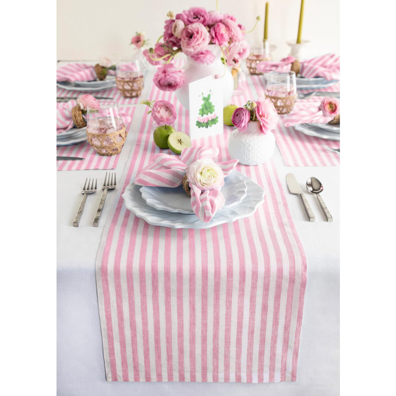 Amalfi Stripe - 100% Pure Linen Table Runner, Cherry Blossom/White, 156" x 18"