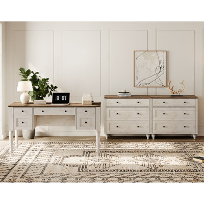 Ensemble de bureau et de commode en bois de style campagnard, commodes à 6 tiroirs, organisateur de rangement de garde-robe moderne en bois de style Mid-Century, bureau pour le bureau personnel, salon et chambre à coucher, gris délavé