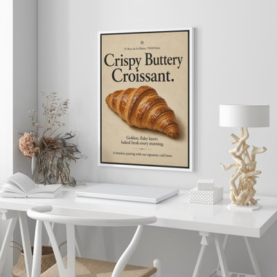 «Paris Bakery Croissant Typographie Food Decor», reproduction d'art sur toile encadrée dans la chambre principale