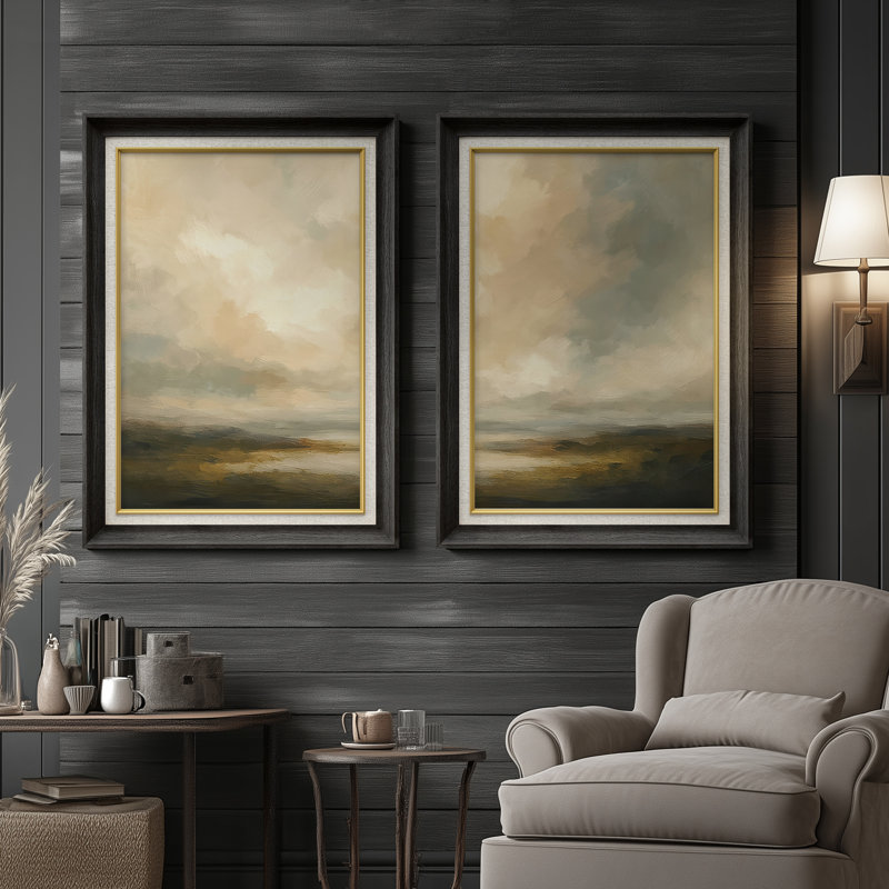 «Soft Clouded Landscape Subtle Contemporary», ensemble de 2 reproductions d'art encadrées sur papier de qualité supérieure 26 po x 36 po