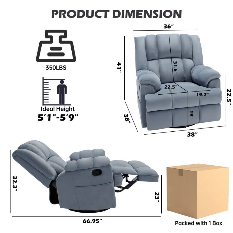 360° Manual Swivel Rocking Chair, Large Size Recliner, Soft Texture, Blue