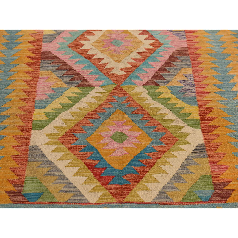 Tapis vert olive 8 pi 3 po x 11 pi 2 po avec motif géométrique multicolore, pure laine, teinture végétale, tissage plat, tissé à la main, réversible, tapis oriental