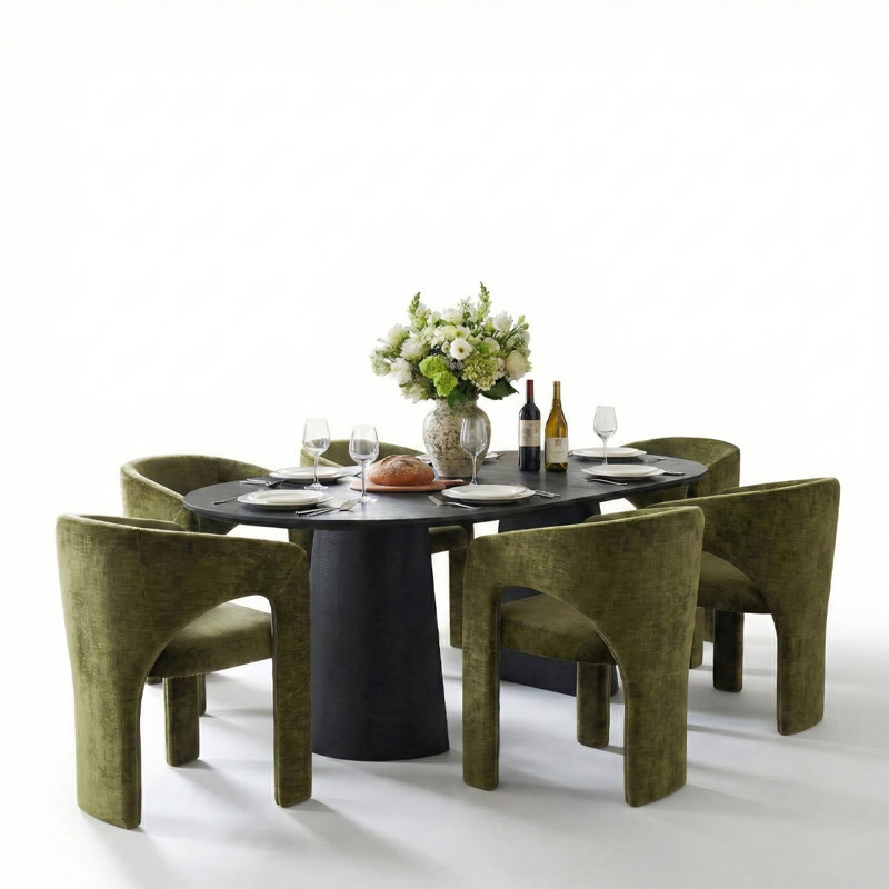 47"–83" Extendable Oval Dining Table Set with Upholstered Chairs, 7 Pieces: Table, 6 Chairs, Olive Green