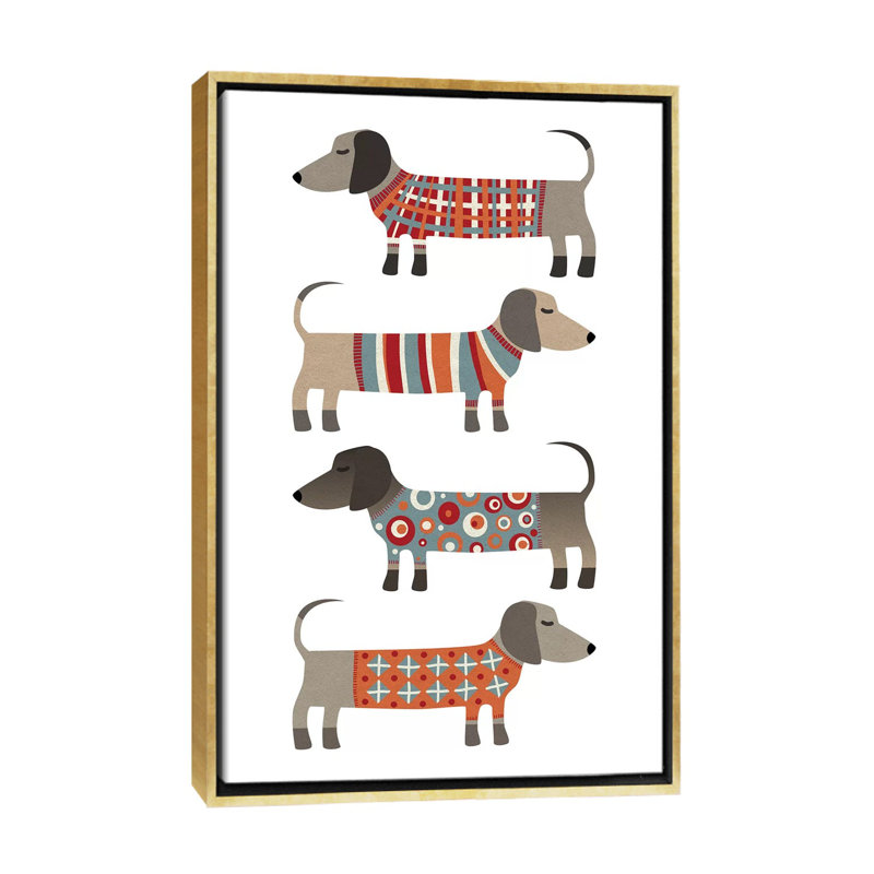 «Sausage Dogs in Pulls» par Nic Squirrell - impression, H 60 po x l 40po x P 1,5 po, Pas de tapis, Toile encadrée d'or