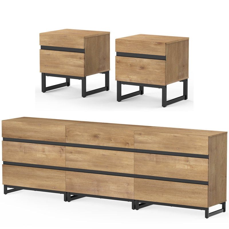 Ensemble de commode et de table de chevet Lirah, ensemble de 3, commode à 6 tiroirs, 2 table de chevet avec tiroir et armoire pour chambre à coucher, ensemble de mobilier de chambre à coucher