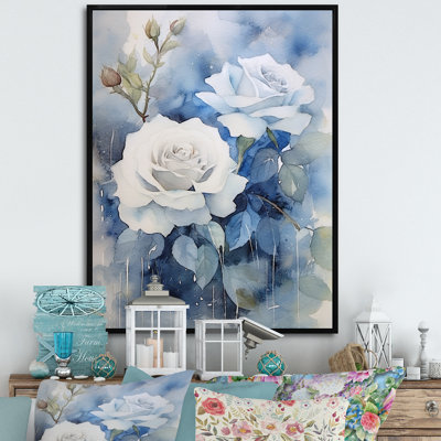 Art floral sur toile rose, impression de fleur bleu crème