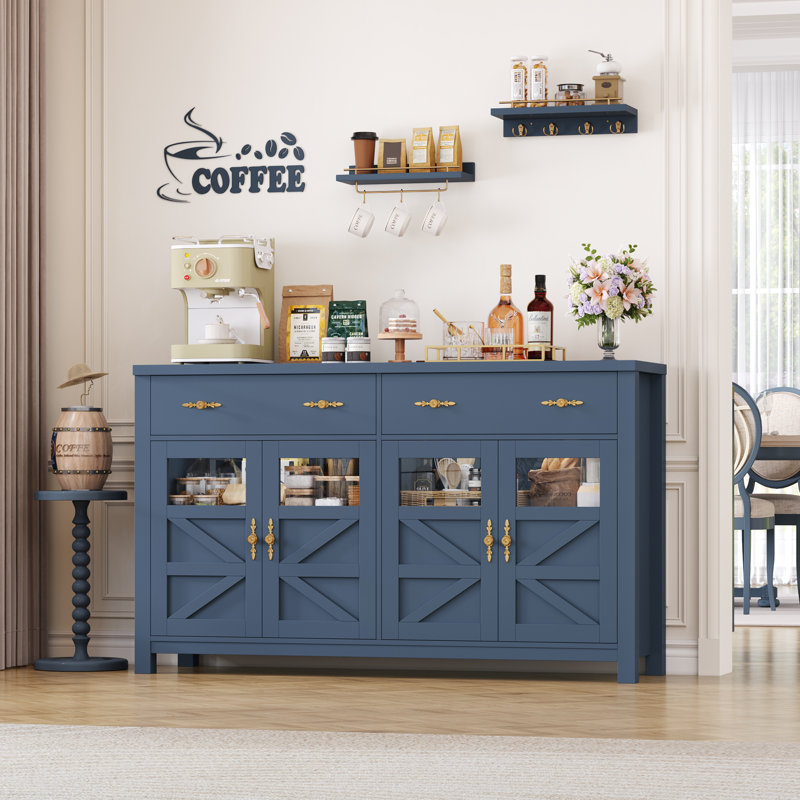 Buffet Almus de 55 po avec 4 portes en verre, 2 grands tiroirs et tablettes réglables, Bleu
